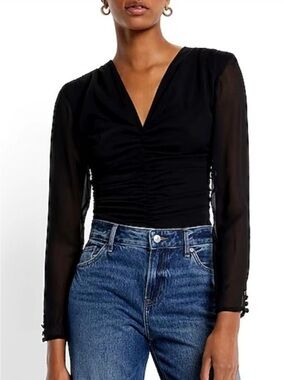 NWOT Express Ruched V-Neck Long Sleeve Top - Black Medium Blouse